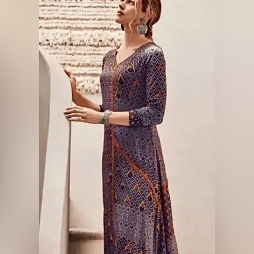 ♠️Soft Surroundings Mercado Maxi Dress Long Slv Beaded Boho Womens Size L